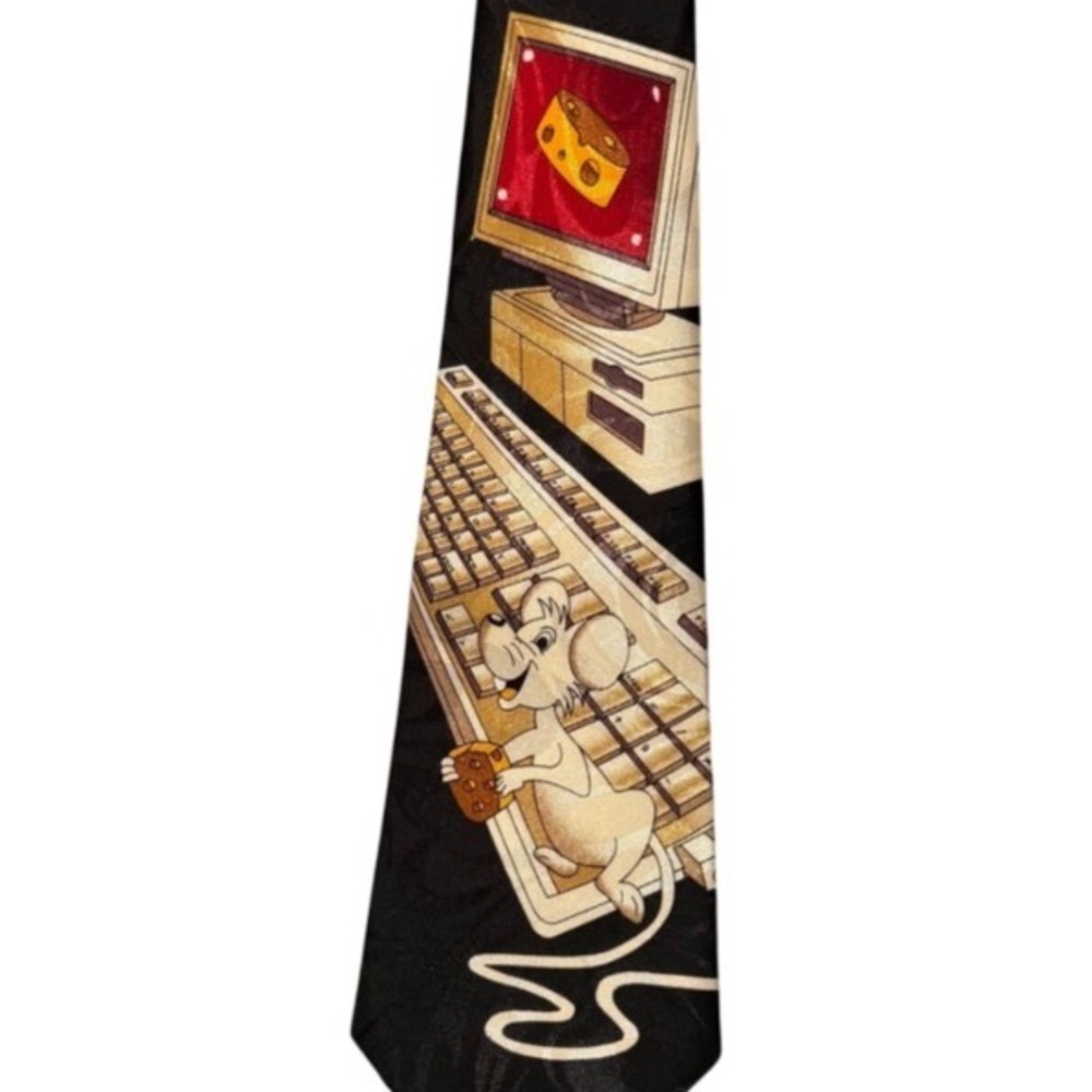 Vintage‎ Men's Computer Mouse Cheese Novelty Tie Black Handmade Graphic Necktie